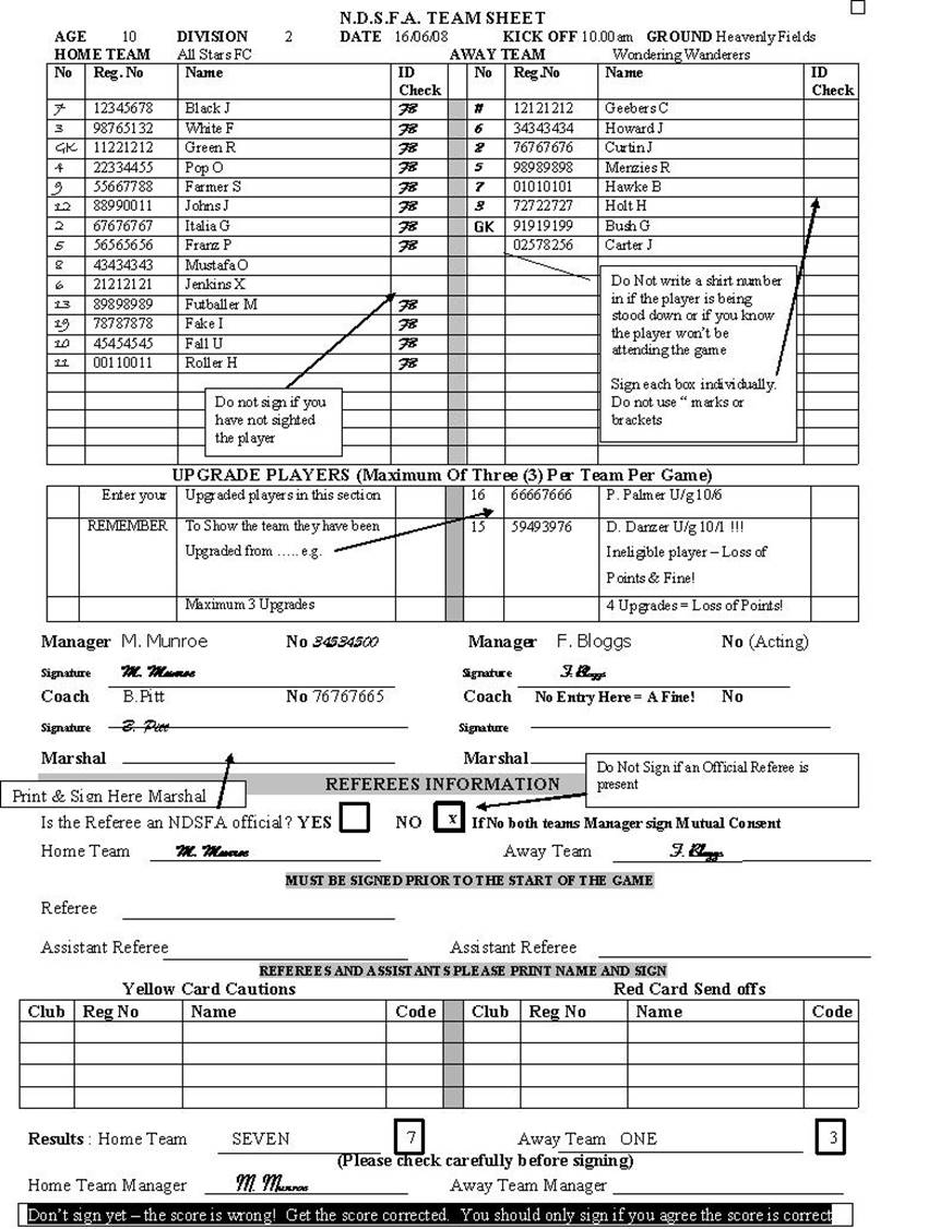 Sample Team Sheet